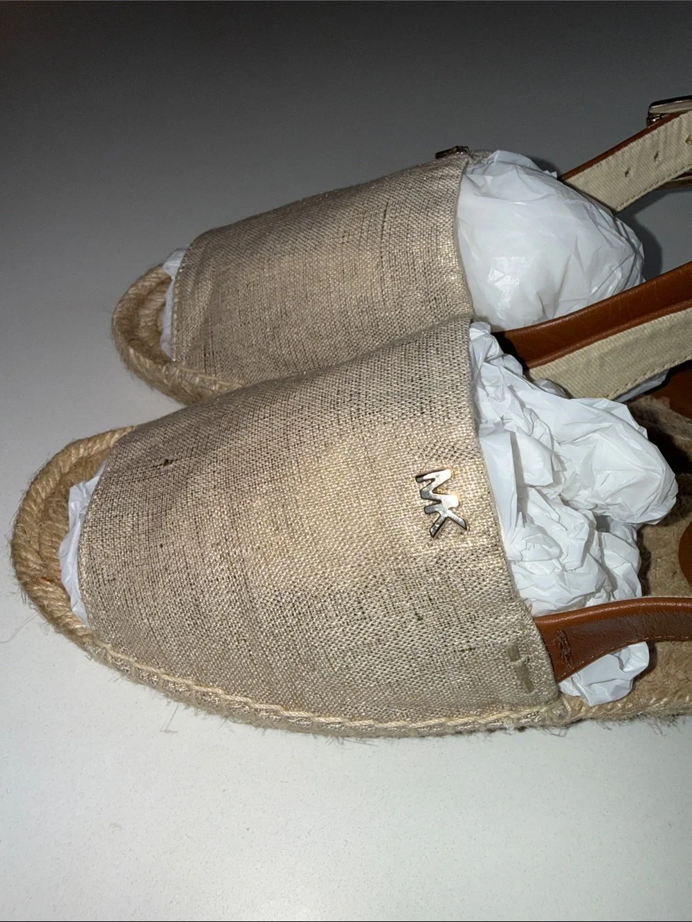 MICHAEL Michael Kors Fisher Metallic Gold Linen Espadrille Sandals | Size 6.5